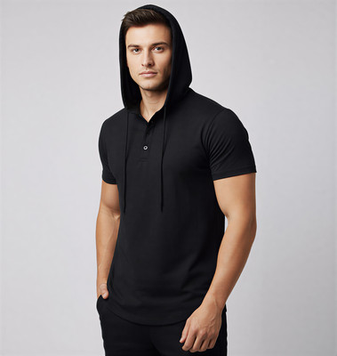 Tanushk Solid Men Hooded Neck Black T-Shirt