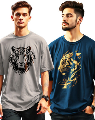 ENITOR Printed Men Round Neck Dark Blue, Grey T-Shirt