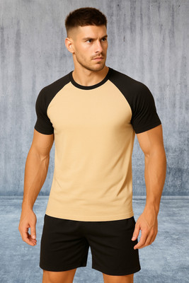 INKKR Colorblock Men Round Neck Beige T-Shirt