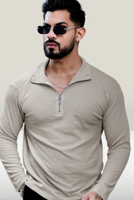 HOODLER Self Design Men Polo Neck Beige T-Shirt
