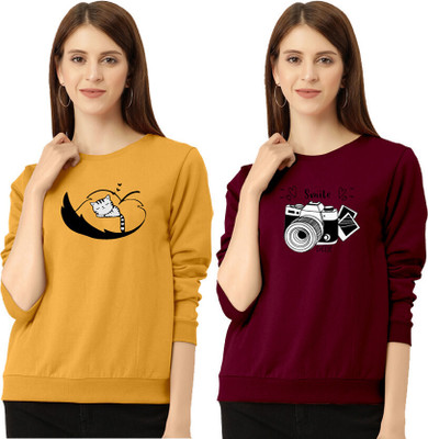 ZentWorld Printed Women Round Neck Yellow, Maroon T-Shirt