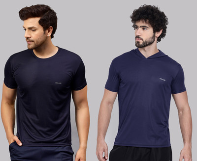 UDI n ADI Solid Men Round Neck Navy Blue, Blue T-Shirt