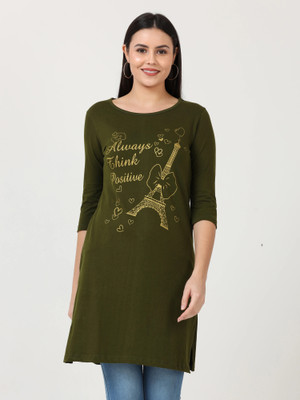 Fleximaa Typography Women Round Neck Green T-Shirt