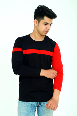 Faricon Trend Colorblock Men Round Neck Black T-Shirt