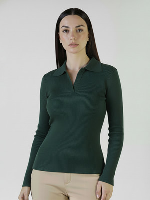 Plus Size Solid Women Polo Neck Dark Green T-Shirt