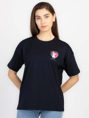 Status Quo Typography, Printed Women Round Neck Navy Blue T-Shirt