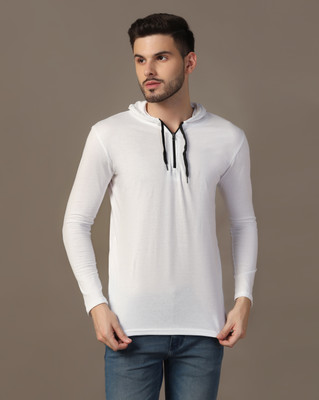 GEUM Solid Men Hooded Neck White T-Shirt