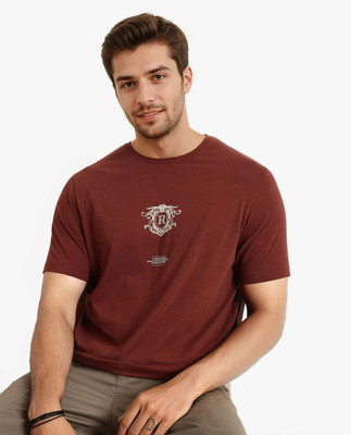 RARE RABBIT Graphic Print Men Crew Neck Brown T-Shirt