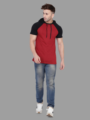 BEYOU FASHION Colorblock Men Hooded Neck Maroon, Black T-Shirt