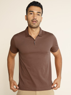 Damensch Solid Men Polo Neck Brown T-Shirt