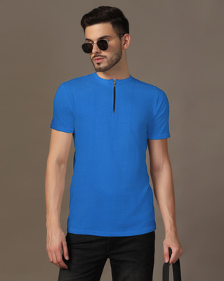 Money Leaf Solid Men Henley Neck Blue T-Shirt