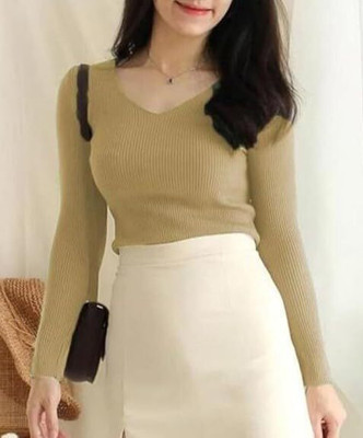 VDTREND Solid Women Round Neck Beige T-Shirt