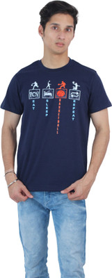 Calywer Printed Men Round Neck Navy Blue T-Shirt