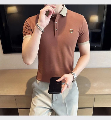 GELAI ENTERPRISE Solid, Self Design, Striped Men Polo Neck Orange T-Shirt