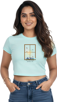 SPACE N OCEAN Graphic Print Women Round Neck Light Green T-Shirt