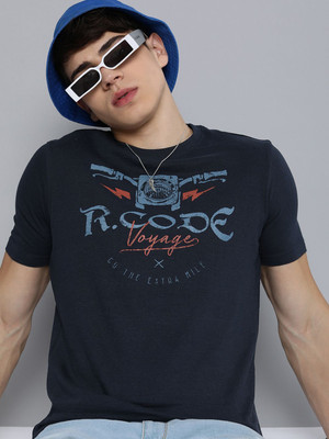 R.Code by The Roadster Life Co. Printed Men Round Neck Blue T-Shirt