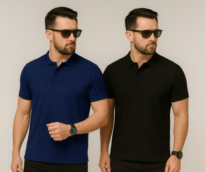 Vivaan Fab Solid Men Polo Neck Black, Navy Blue T-Shirt