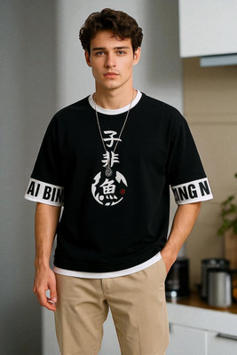 FASHIUM Printed Men Round Neck Black T-Shirt
