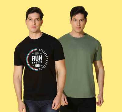 WOOSTRO Typography, Solid Men Round Neck Black, Green T-Shirt