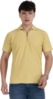 Kibitzer Self Design Men Zip Neck Reversible Yellow T-Shirt