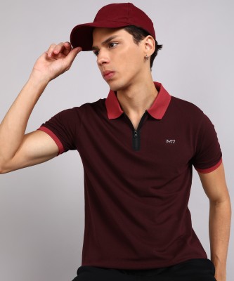 M7 By Metronaut Solid Men Polo Neck Maroon T-Shirt