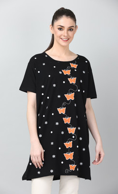 KG Best Collection Printed Women Round Neck Black T-Shirt