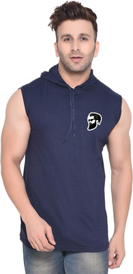 Money Leaf Printed Men Hooded Neck Dark Blue T-Shirt