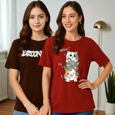 Elvia Graphic Print Women Round Neck Maroon, Brown T-Shirt