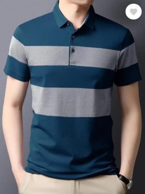 Try This Striped Men Polo Neck Grey, Navy Blue T-Shirt