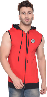 BEYOU FASHION Solid Men Hooded Neck Black, Red T-Shirt