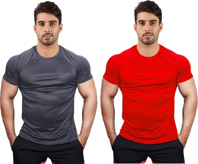 UDI n ADI Solid Men Round Neck Grey, Red T-Shirt