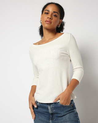 GAP Solid Women Boat Neck White T-Shirt