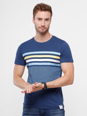 WROGN Striped Men Round Neck Navy Blue T-Shirt