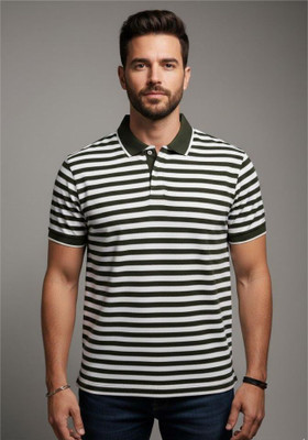 Fab Fashion Studio Striped Men Polo Neck Black T-Shirt