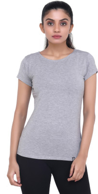 Laasa Sports Solid Women Round Neck Grey T-Shirt