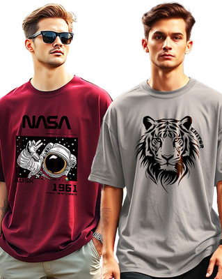 AUSK Printed Men Round Neck Grey, Maroon T-Shirt
