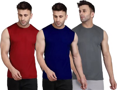 Think Tech Solid Men Round Neck Maroon, Dark Blue, Grey T-Shirt