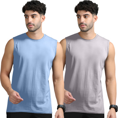 Adorbs Solid Men Round Neck Blue, Grey T-Shirt