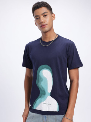 Glitchez Printed Men Round Neck Blue T-Shirt