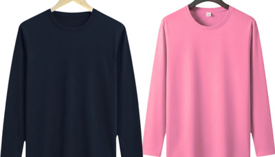 P collection Solid Men Round Neck Navy Blue, Pink T-Shirt