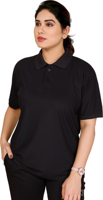 Moda Rapido Solid Women Polo Neck Black T-Shirt