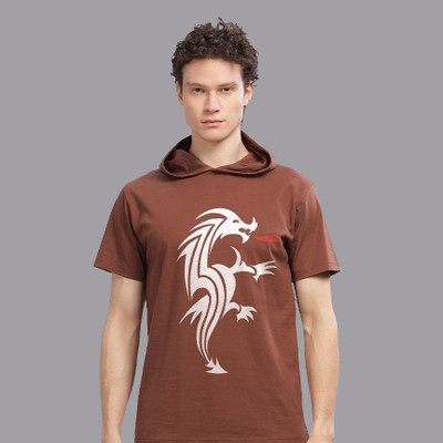 SolaceActive Graphic Print Men Hooded Neck Reversible Brown T-Shirt