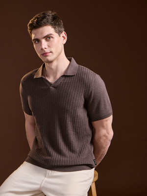 THE BEAR HOUSE Self Design Men Polo Neck Brown T-Shirt