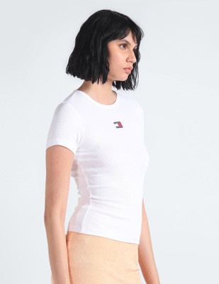 TOMMY HILFIGER Abstract Women Round Neck White T-Shirt