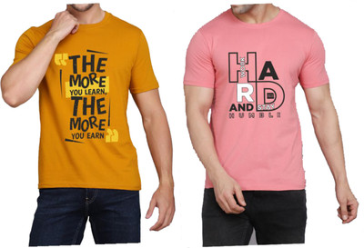 WOOSTRO Printed Men Round Neck Brown, Pink T-Shirt