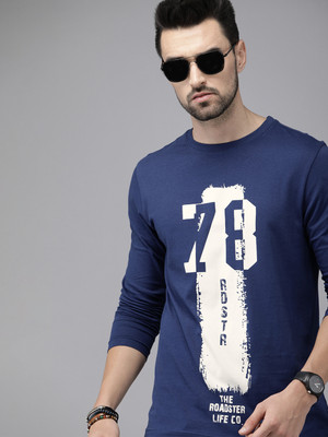 Roadster Printed, Typography Men Round Neck Navy Blue T-Shirt