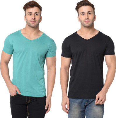 Adorbs Trend Solid Men V Neck Black, Light Green T-Shirt