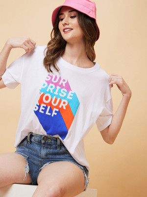 Globus Printed Women Round Neck White T-Shirt