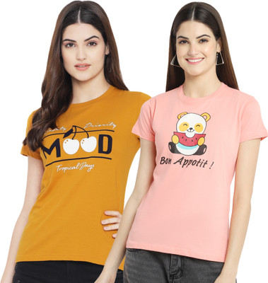 Fabflee Typography Women Round Neck Yellow, Pink T-Shirt