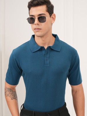 HIGHLANDER Self Design Men Polo Neck Blue T-Shirt